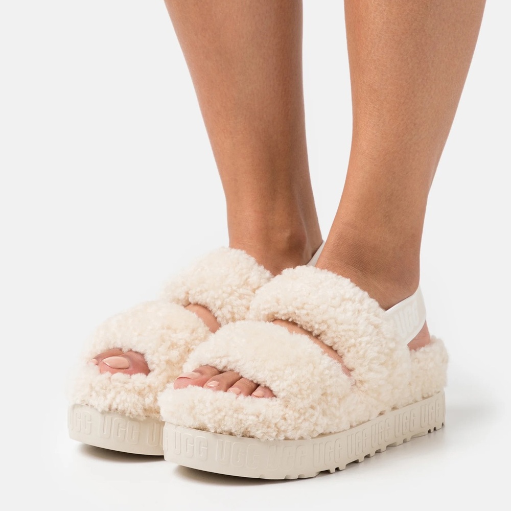 UGG Oh Flufitta Platform Sheepskin Sandals Slippers Natural Off White